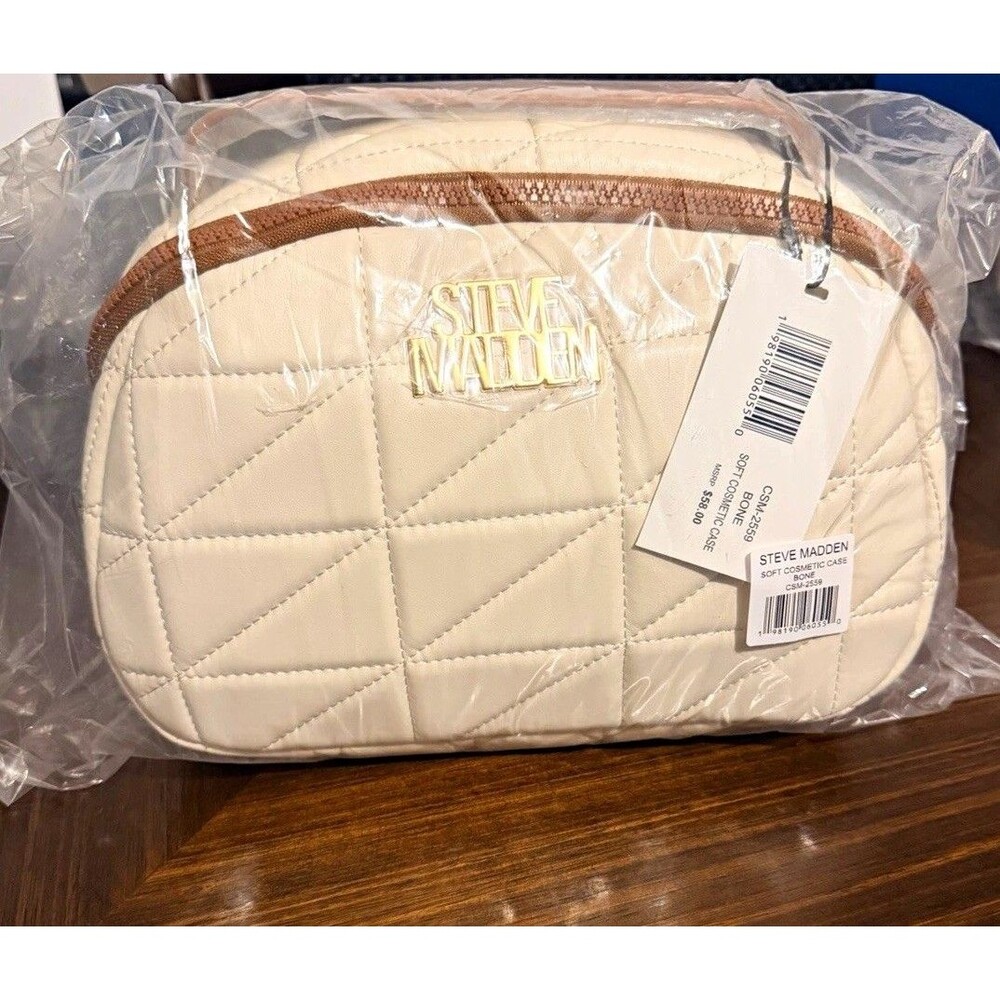NWT Steve Madden Soft Makeup Bag Cosmetic Case Bone Zipper CSM-2559